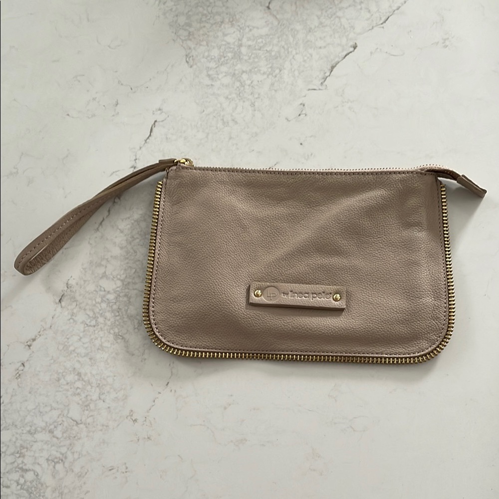 Linea Pelle Taupe Leather Wristlet Clutch with gold zipper detail